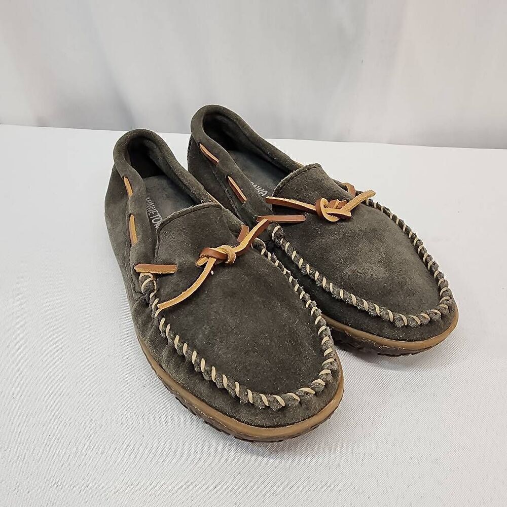 Minnetonka Women's Size 8 Tie Tread Slip On Shoes Suede Comfort Slip On Leather